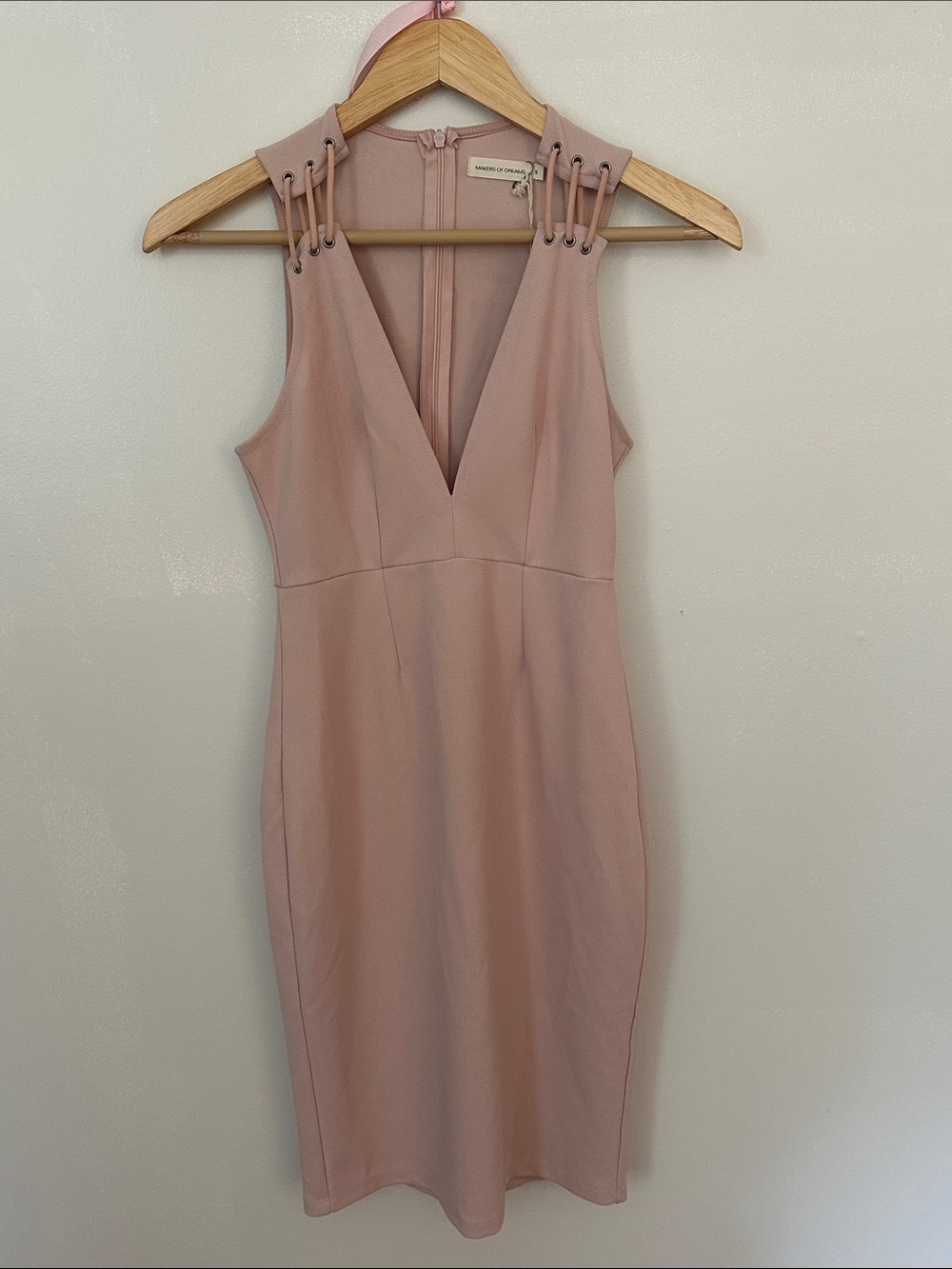 Nasty Gal Blush Pink V-Neck Midi Sheath Dress with Lace-Up Shoulders